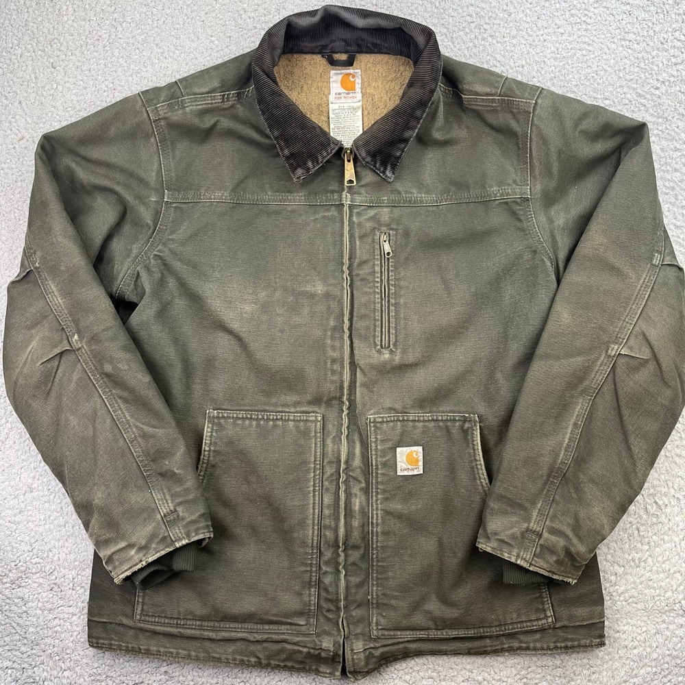 Carhartt Work Jacket Women Large Moss Green Sandstone Duck Chore Coat WC061